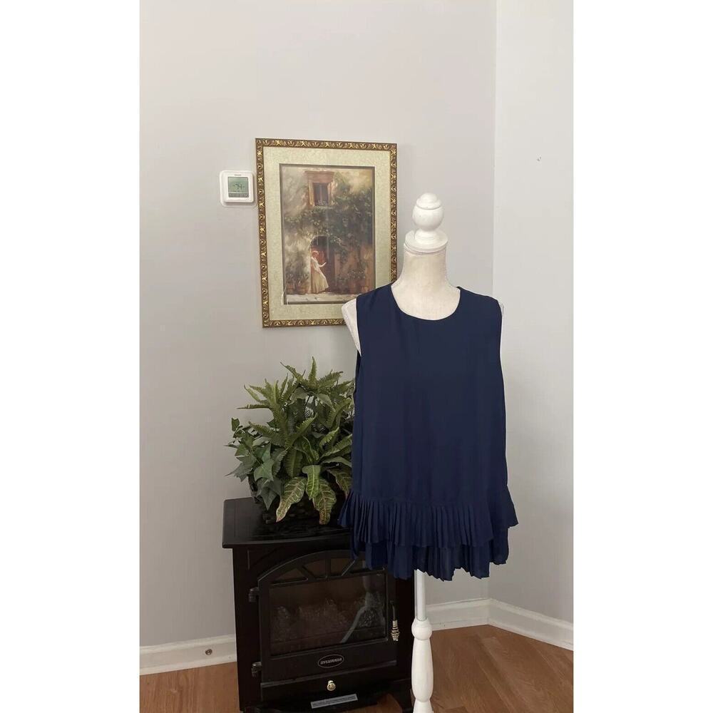 Q&A Women's Blouse L Navy Blue Sheer Double Ruffle Hem Peplum Sleeveless
